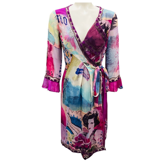 Galliano Vintage RARE Pink / Purple Multi Printed Chiffon Wrap Dress