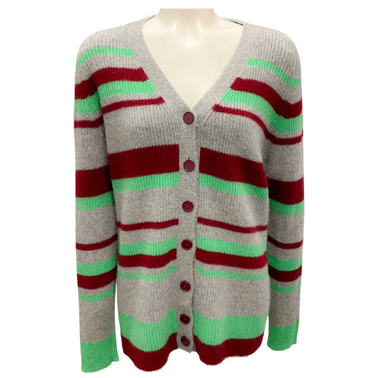 The Elder Statesman Grey / Green / Burgundy Striped Cashmere Knit Cardigan Sweater