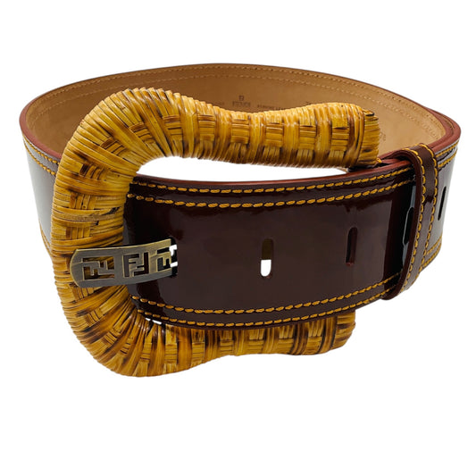 Fendi Brown Genuine Patent Leather Wide Cinch Corset Waist Belt with Chunky Wicker Buckle
