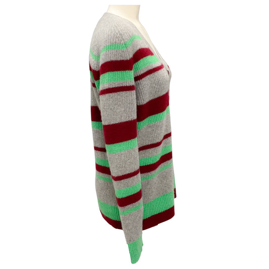 The Elder Statesman Grey / Green / Burgundy Striped Cashmere Knit Cardigan Sweater
