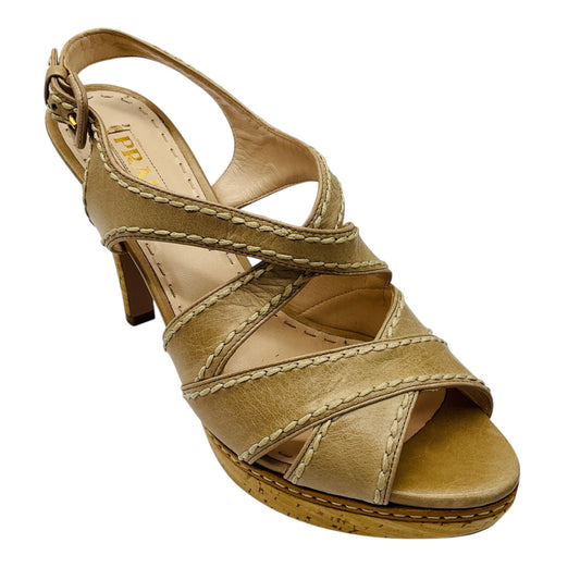Prada Beige Leather Cork Heel Sandals with Stitching Detail