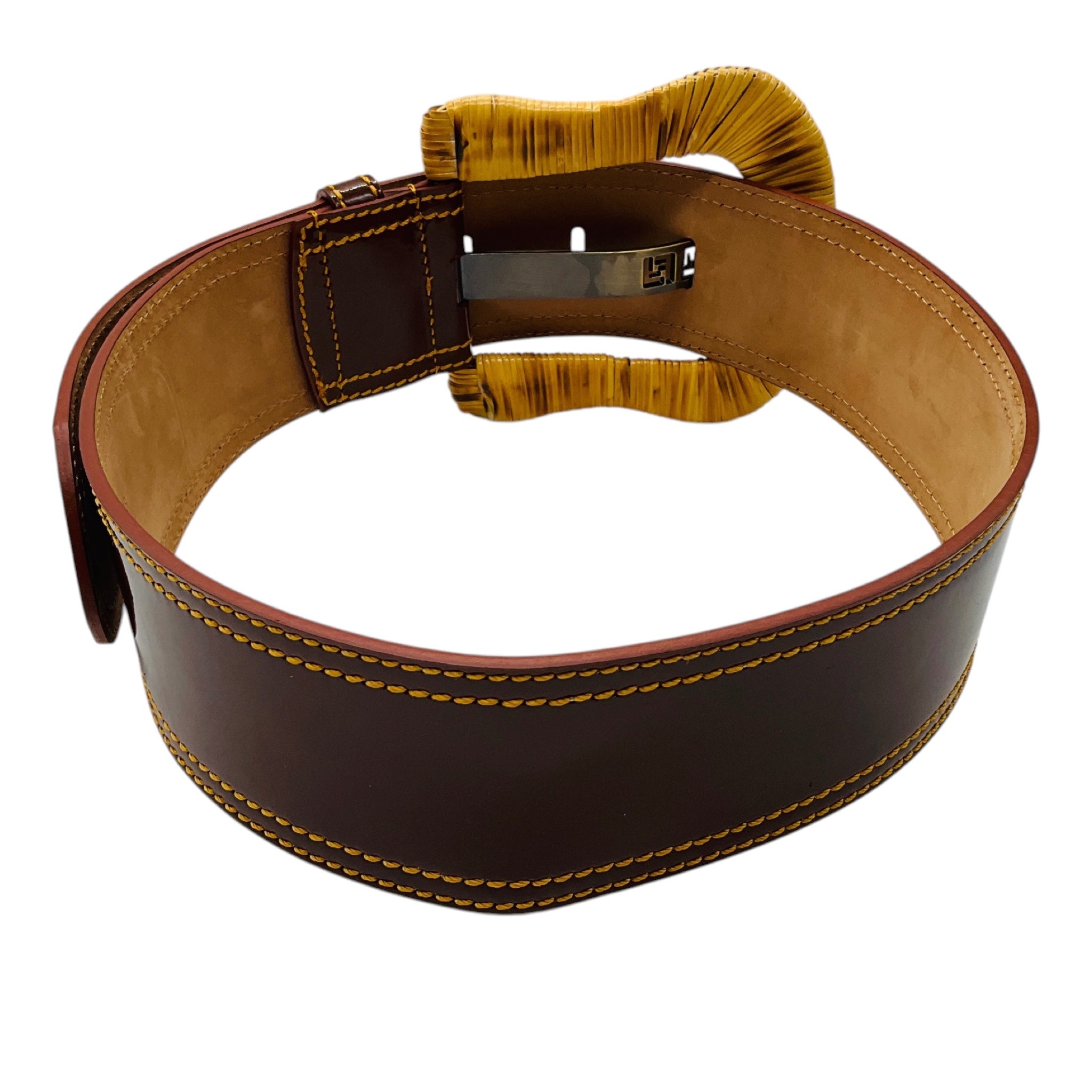 Fendi Brown Genuine Patent Leather Wide Cinch Corset Waist Belt with Chunky Wicker Buckle