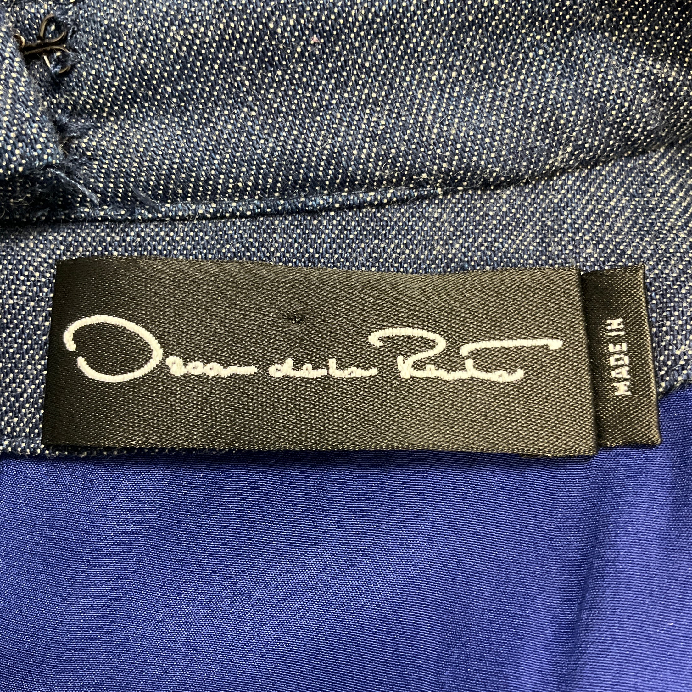 Oscar de la Renta Medium Blue Wash Short Sleeved Denim Chambray Flared Dress