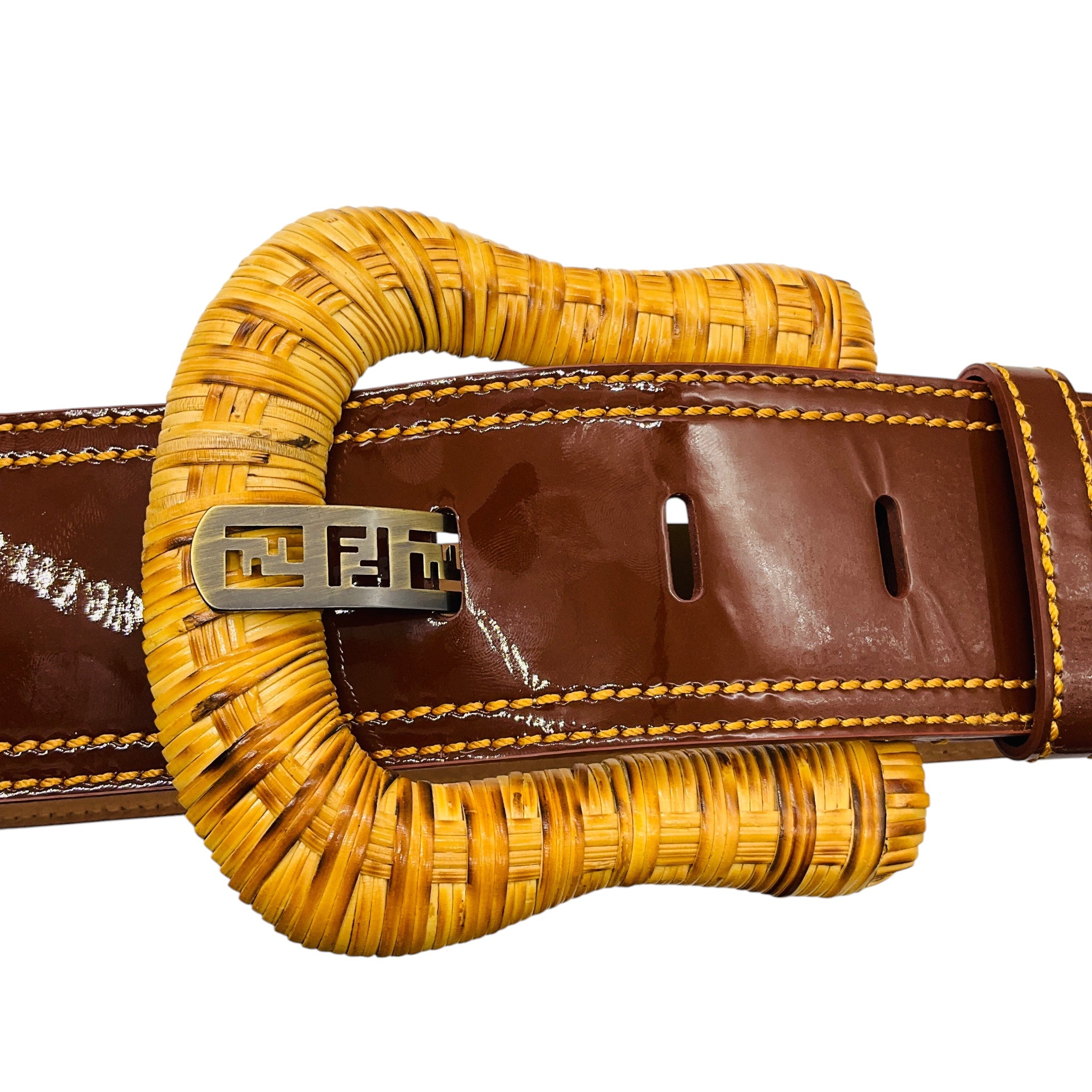 Fendi Brown Genuine Patent Leather Wide Cinch Corset Waist Belt with Chunky Wicker Buckle