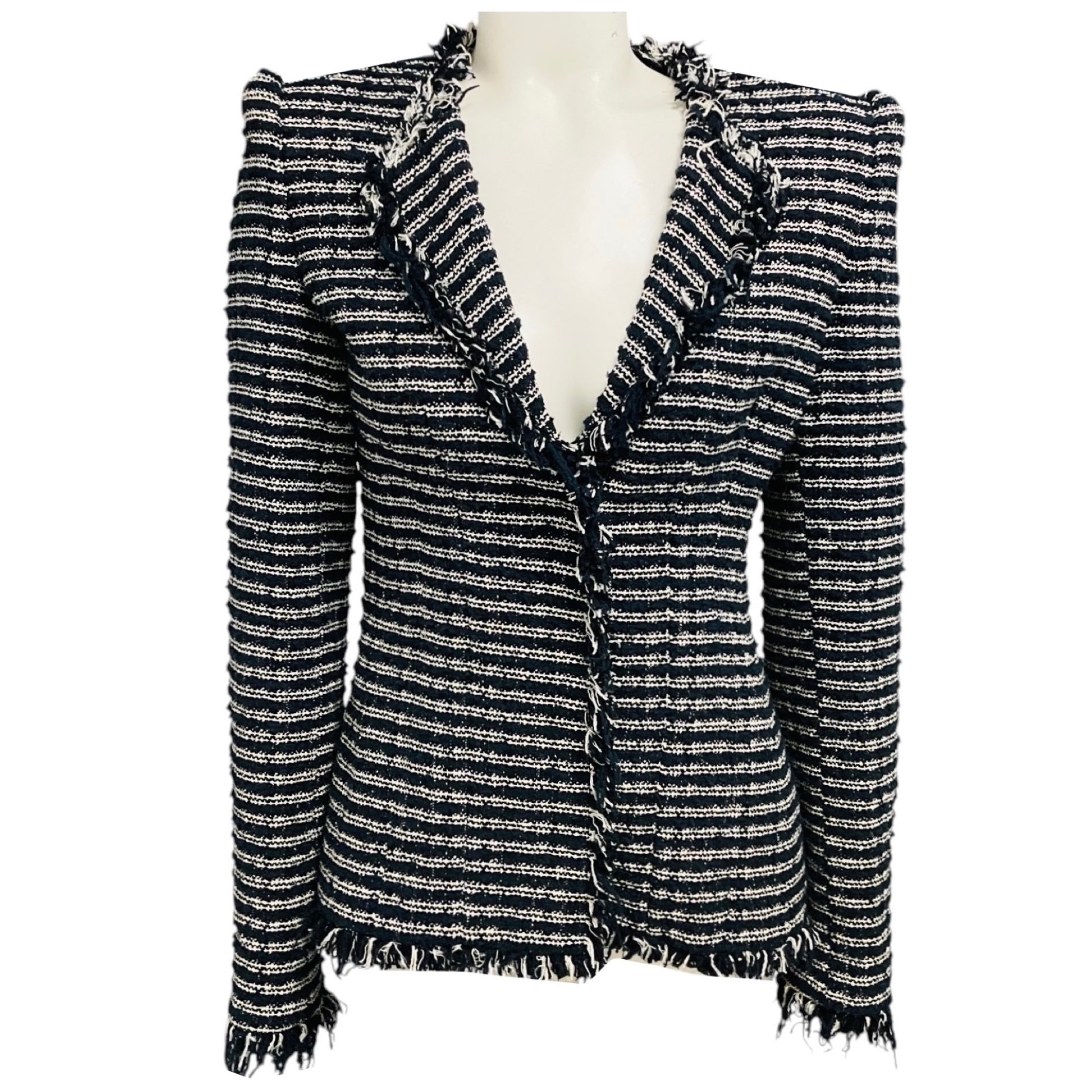 Alexander McQueen Navy Blue / Ivory Fringed Tweed Blazer