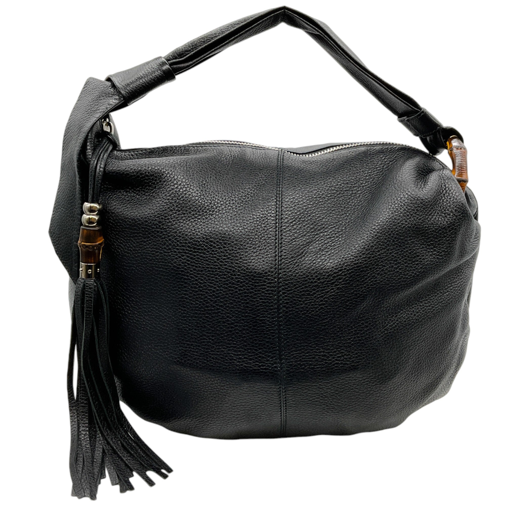 Gucci Black Leather Hobo Bag with Tassel and Bamboo
