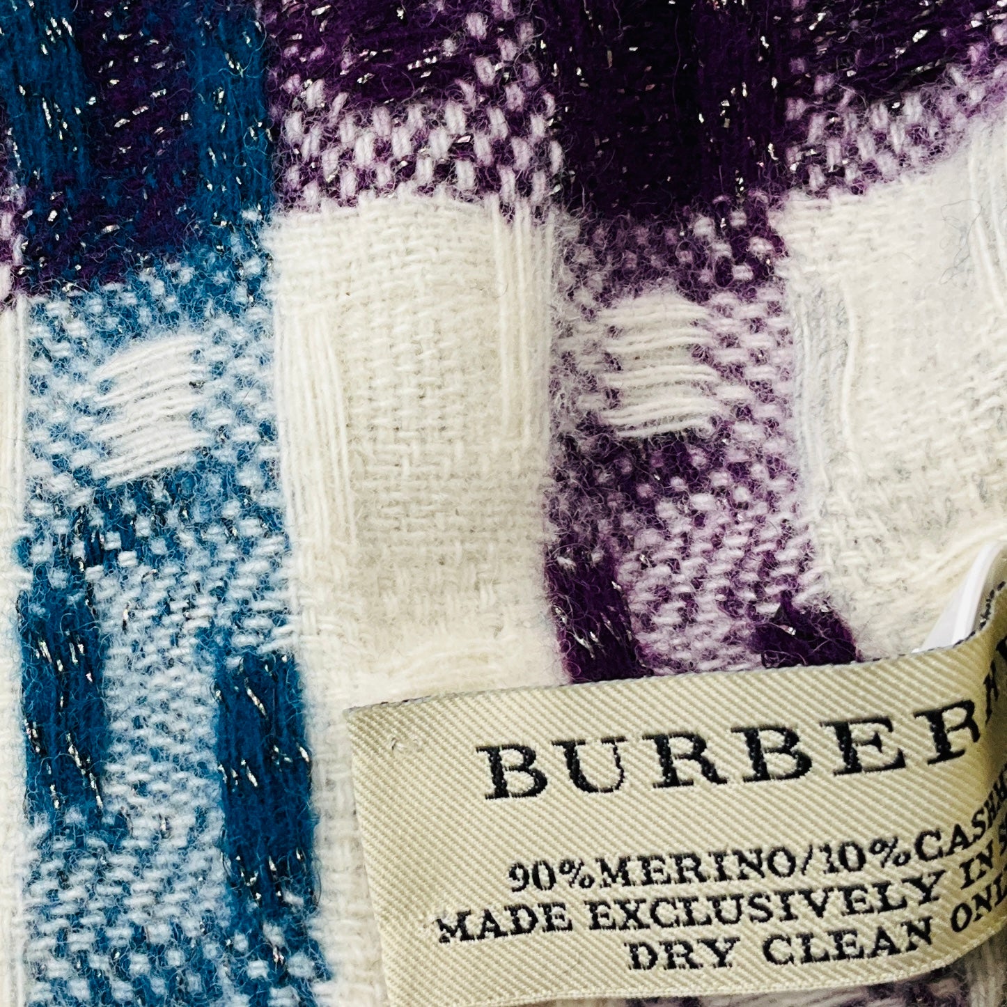 Burberry Ivory / Blue / Purple Fringed Plaid Merino Wool and Cashmere Long Scarf