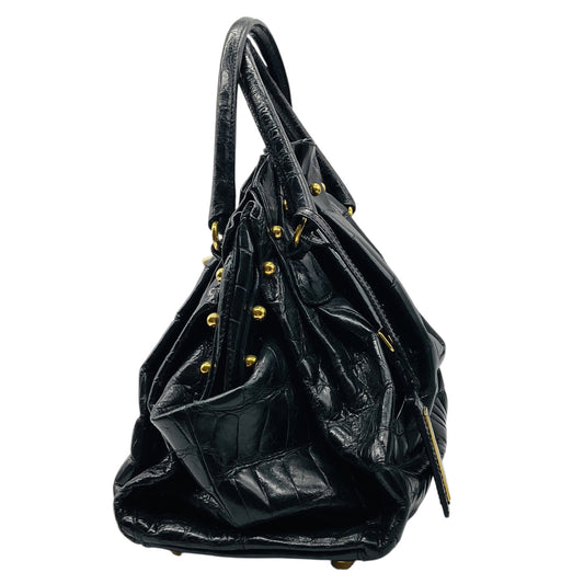 Valentino Black / Gold Hardware Studded Crocodile Skin Leather Satchel Handbag