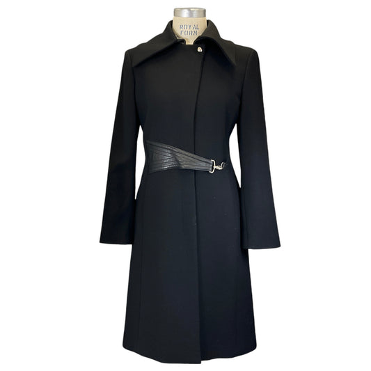 Versace Classic Black Leather Trimmed Wool Coat