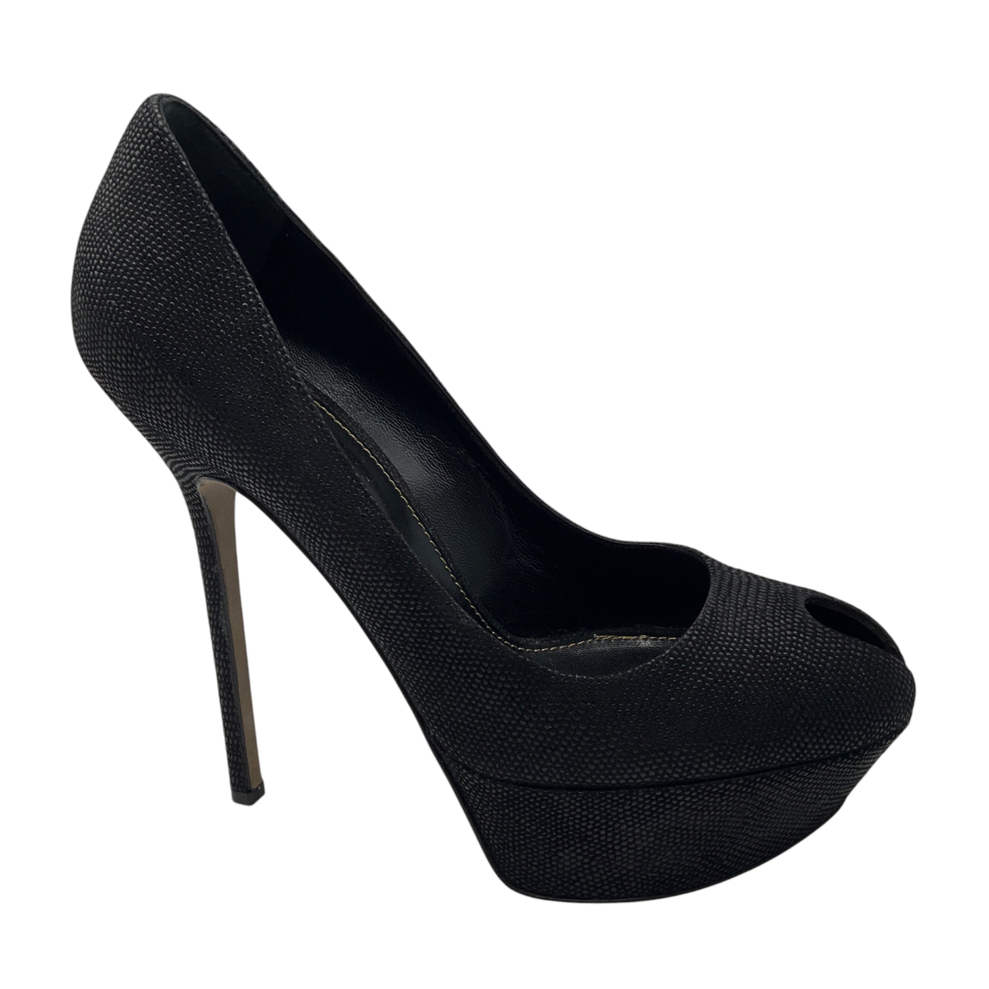 Sergio Rossi Black Embossed Leather Peep Toe Platform Pumps