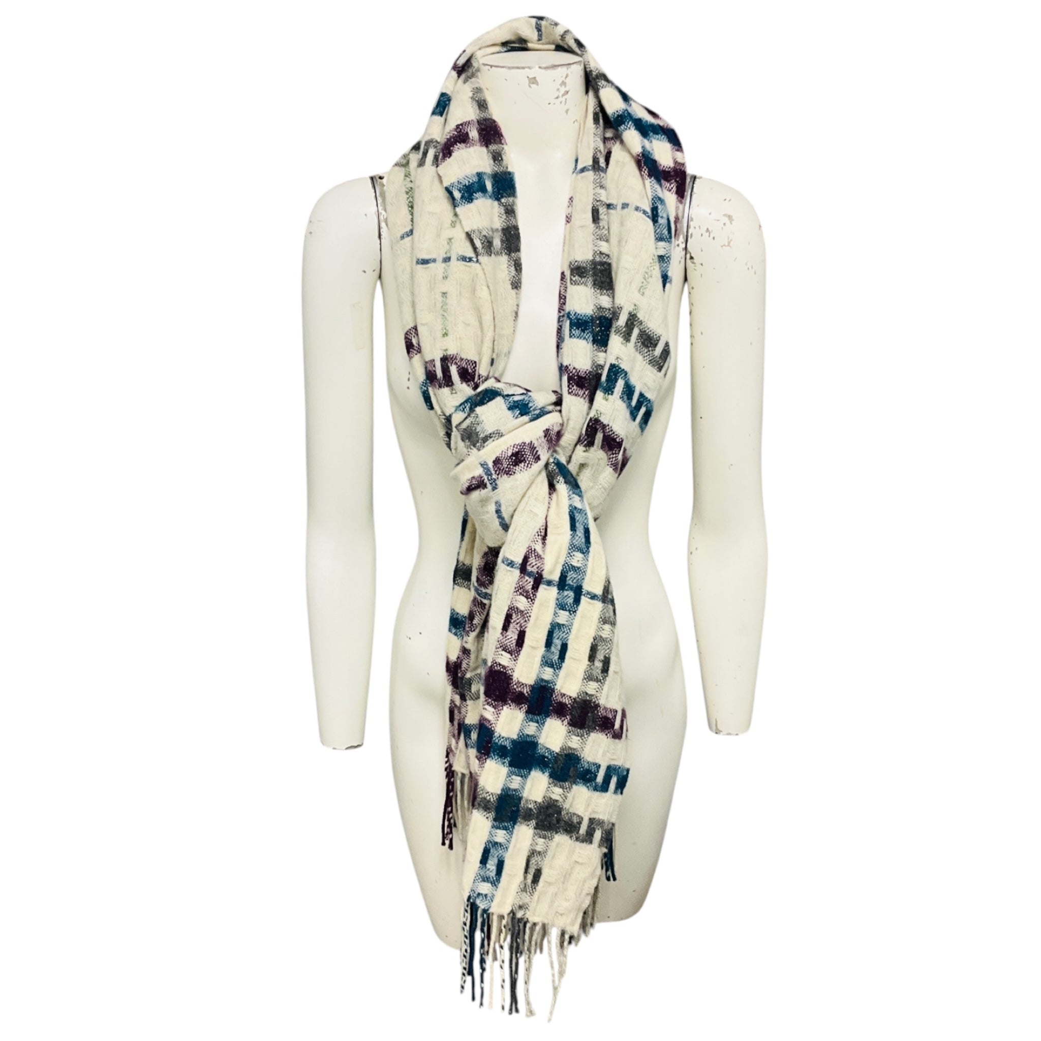 Burberry Ivory / Blue / Purple Fringed Plaid Merino Wool and Cashmere Long Scarf