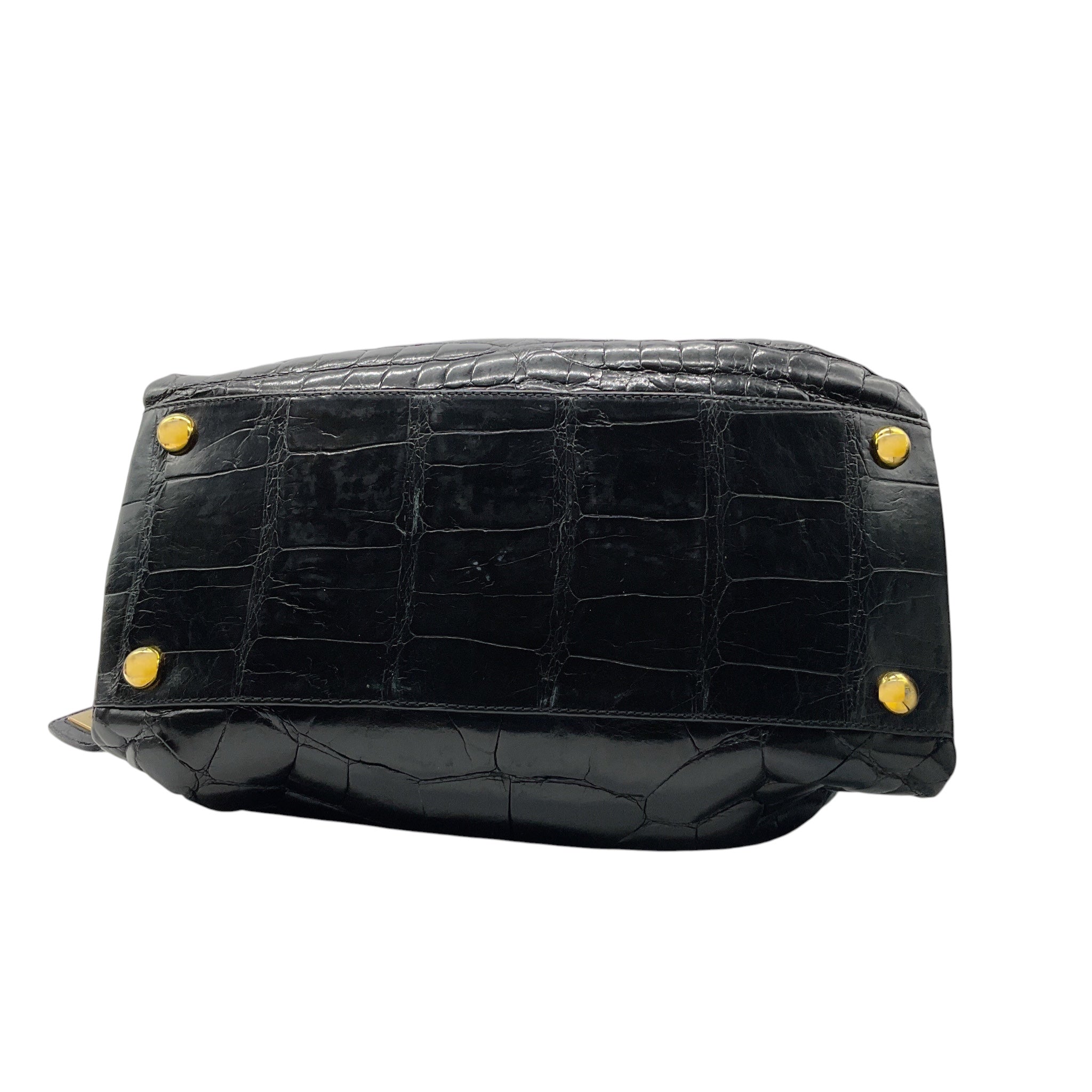 Valentino Black / Gold Hardware Studded Crocodile Skin Leather Satchel Handbag