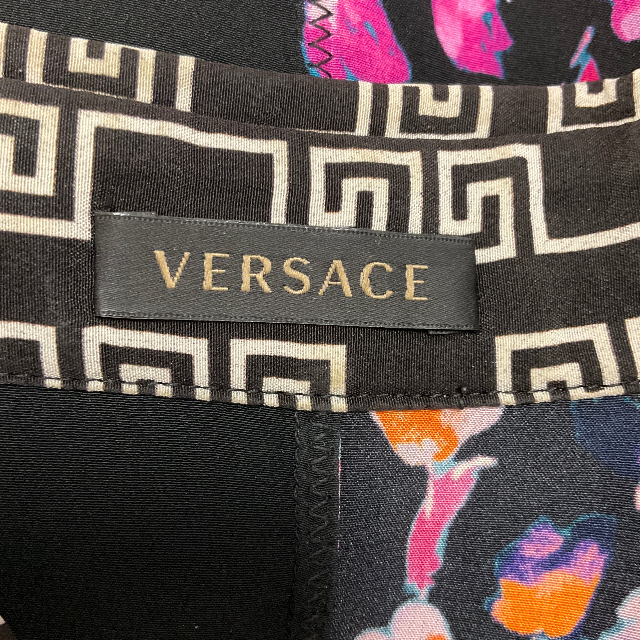 Versace Black / Pink Multi Floral Baroque Patchwork Print Silk Blouse with Medusa Button