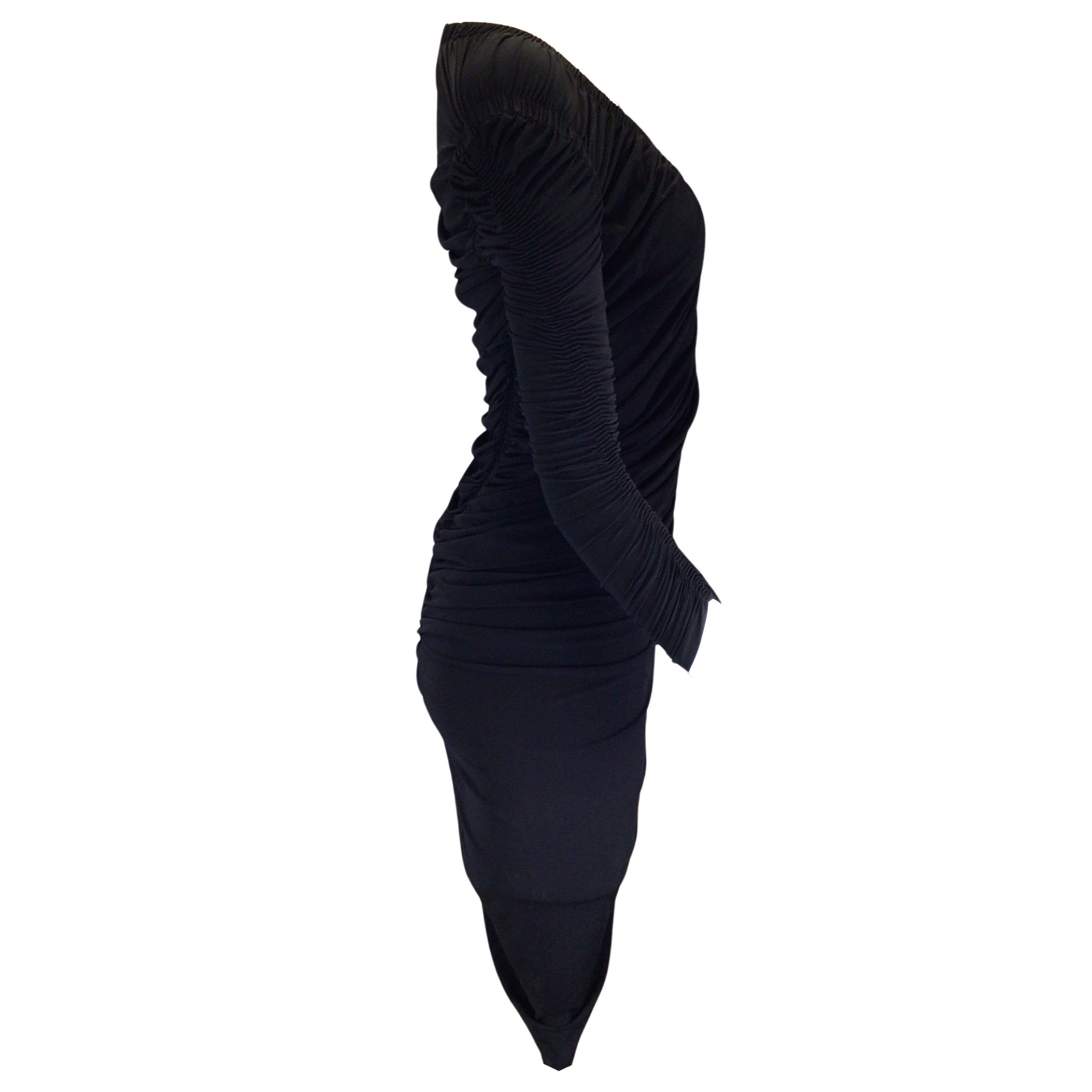 Fendi Black Ruched Long Sleeved V-Neck Jersey Stretch Midi Dress
