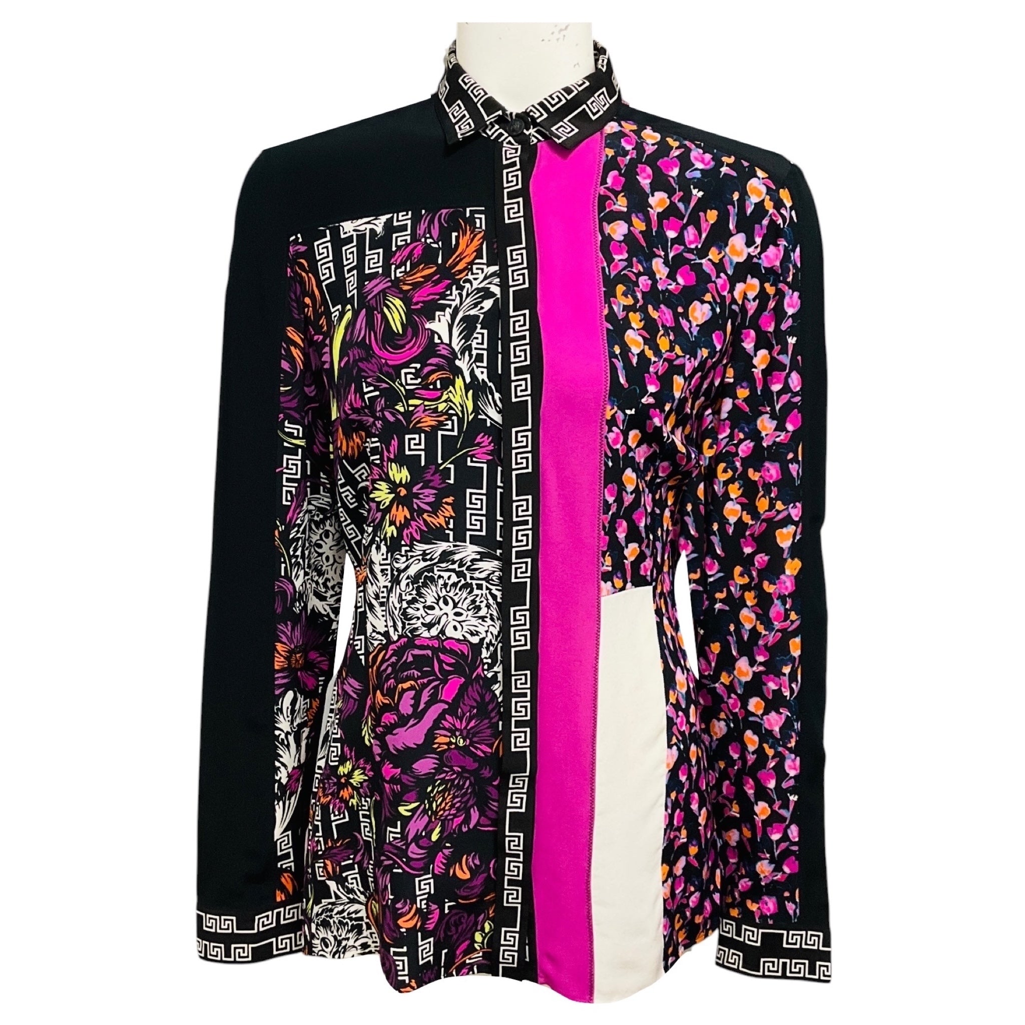 Versace Black / Pink Multi Floral Baroque Patchwork Print Silk Blouse with Medusa Button 