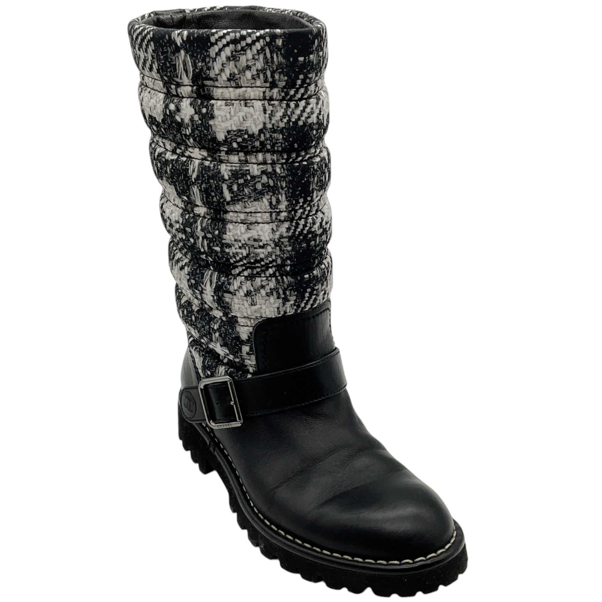 Chanel Black Leather and Tweed Printed Boots
