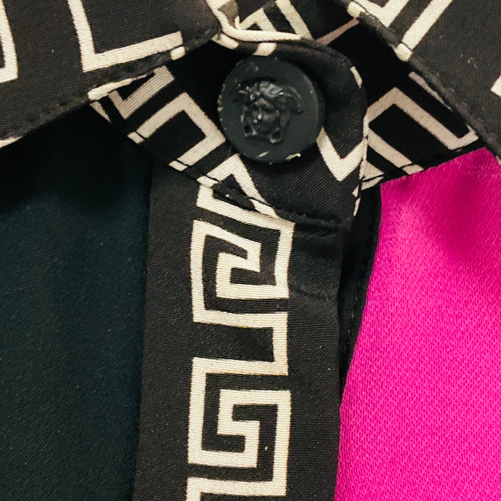 Versace Black / Pink Multi Floral Baroque Patchwork Print Silk Blouse with Medusa Button