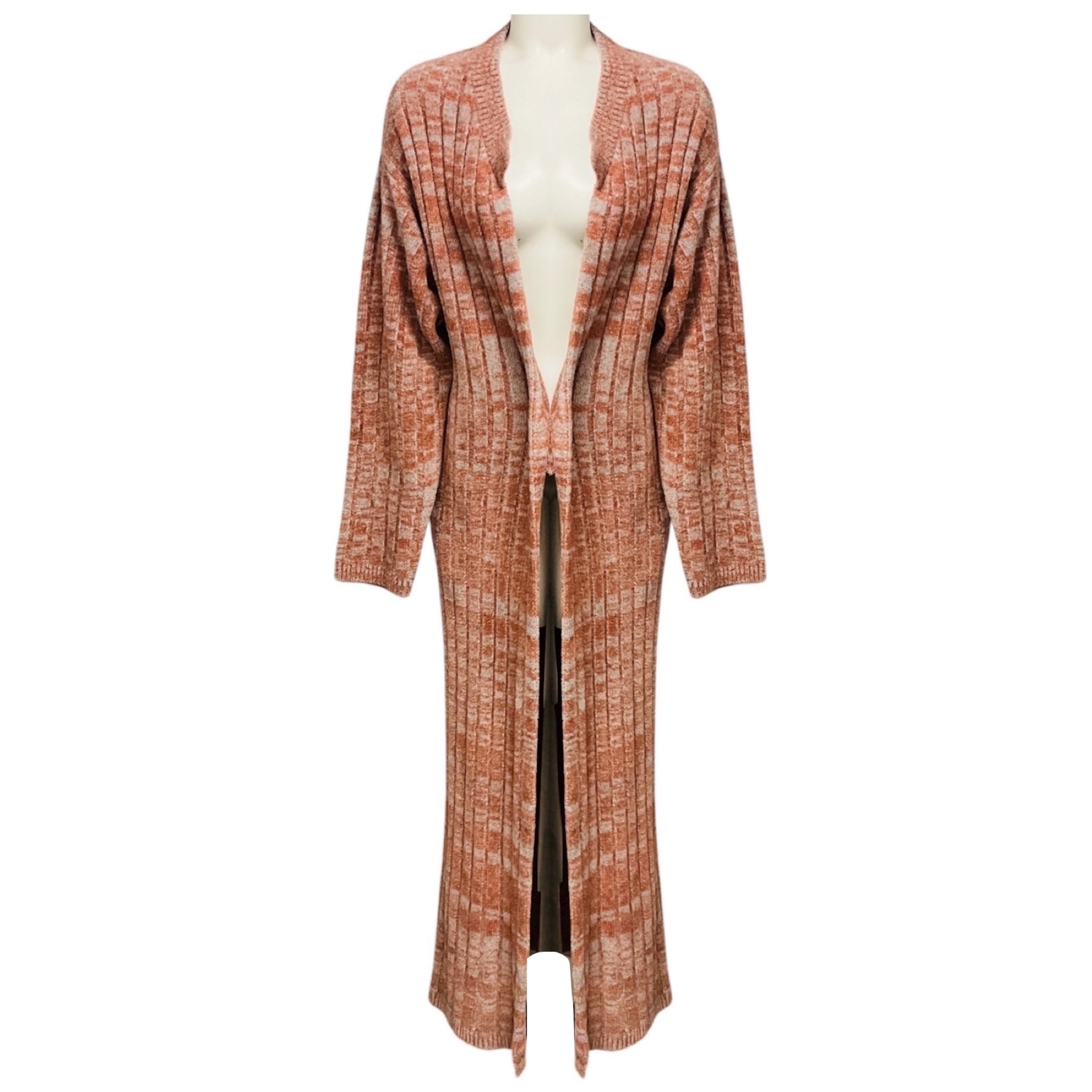 The Elder Statesman Burnt Orange / Grey Long Sleeved Cashmere Knit Full Length Long Cardigan Sweater