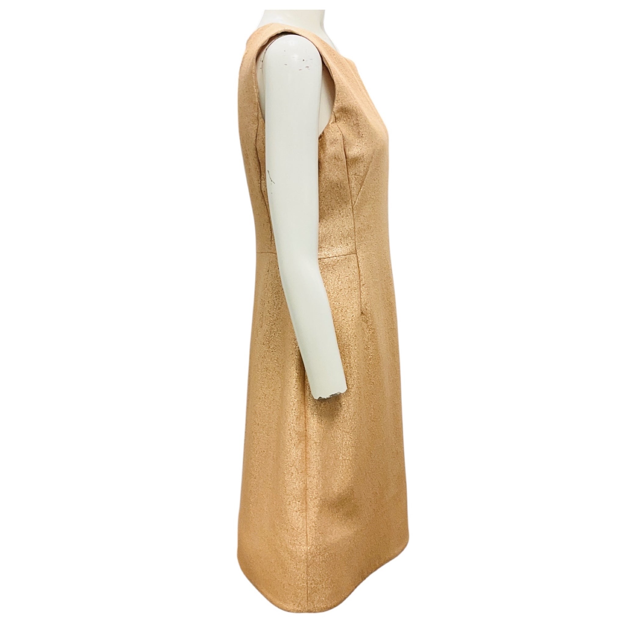 Akris Champagne Metallic Sleeveless Flared Silk Cocktail Dress