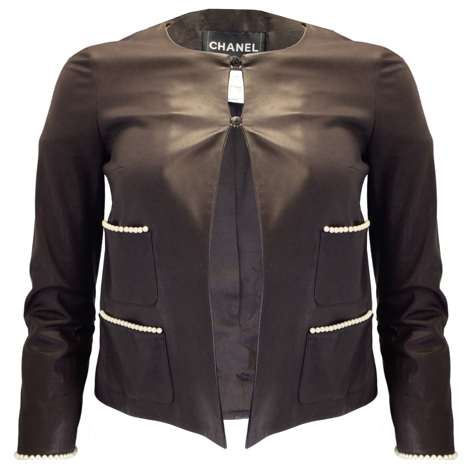 Chanel Brown Pearl Embellished Silk Lined Lambskin Leather Jacket