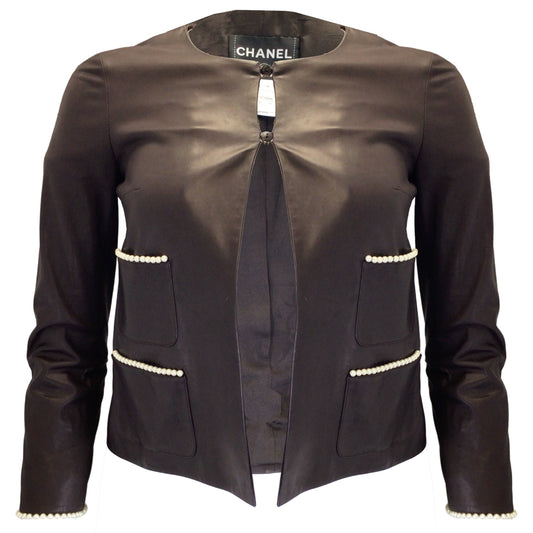 Chanel Brown Pearl Embellished Silk Lined Lambskin Leather Jacket