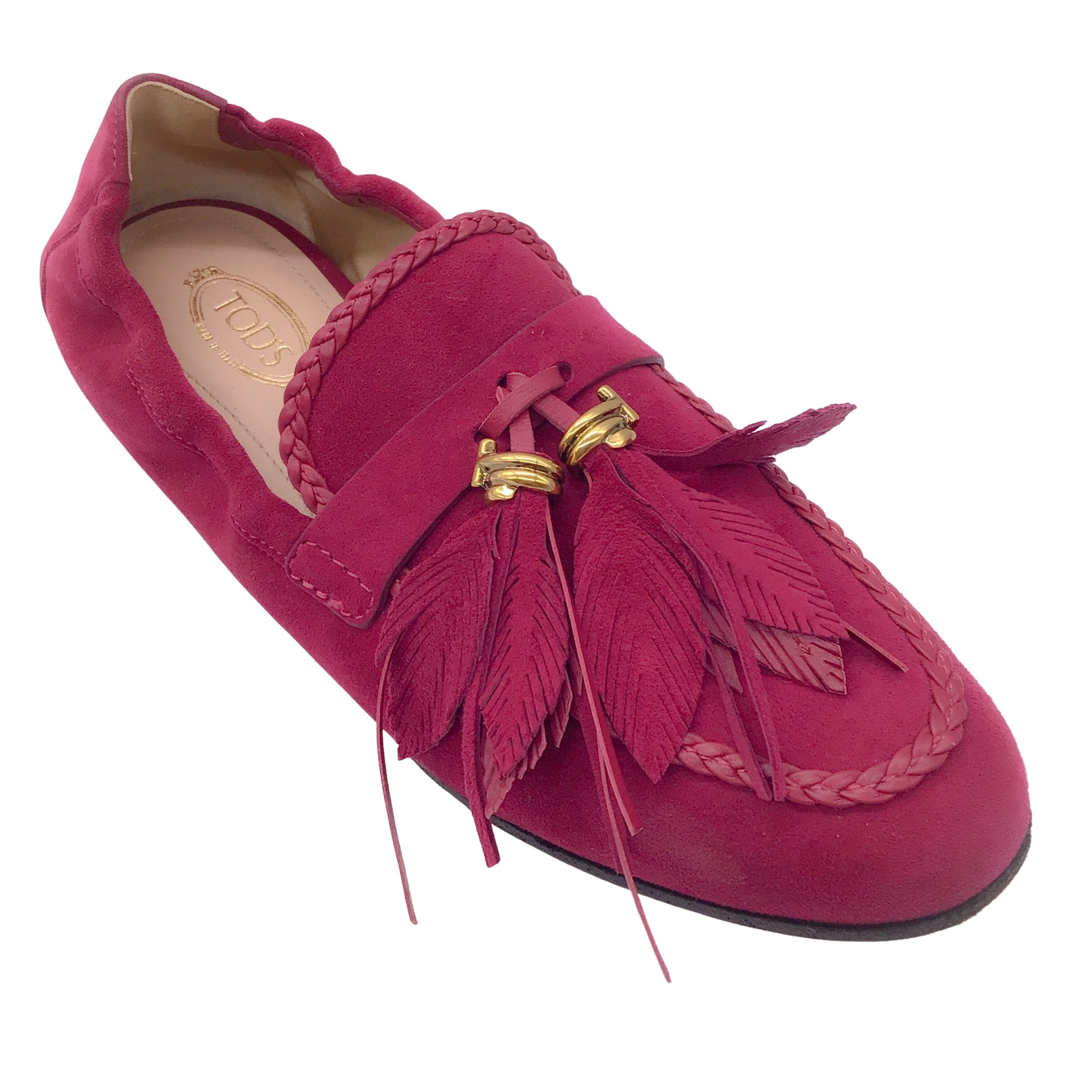 Tod's Gommino Burgundy Feather Tassel Suede Leather Flats / Loafers