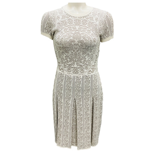 Valentino Ivory Short Sleeved Pleated Cotton Knit Dress