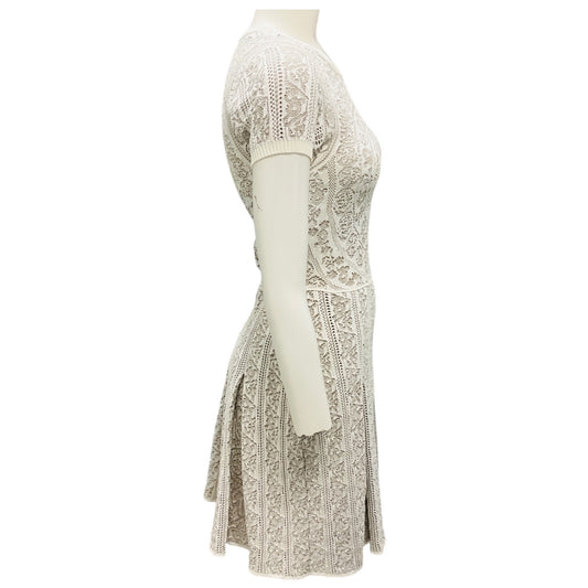 Valentino Ivory Short Sleeved Pleated Cotton Knit Dress