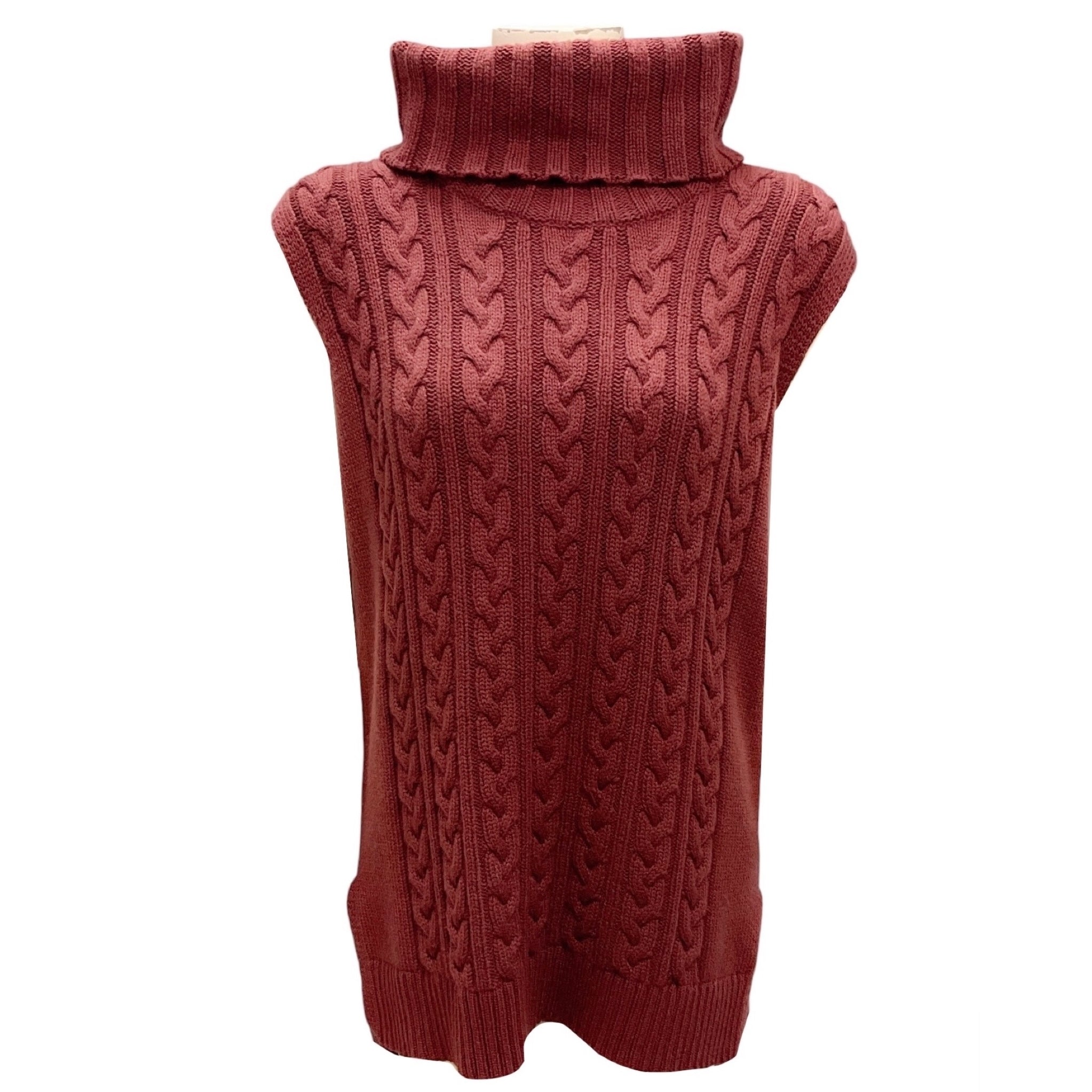 Lafayette 148 New York Burgundy Turtleneck Sleeveless Cable Knit Cashmere Sweater