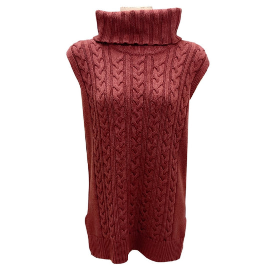 Lafayette 148 New York Burgundy Turtleneck Sleeveless Cable Knit Cashmere Sweater