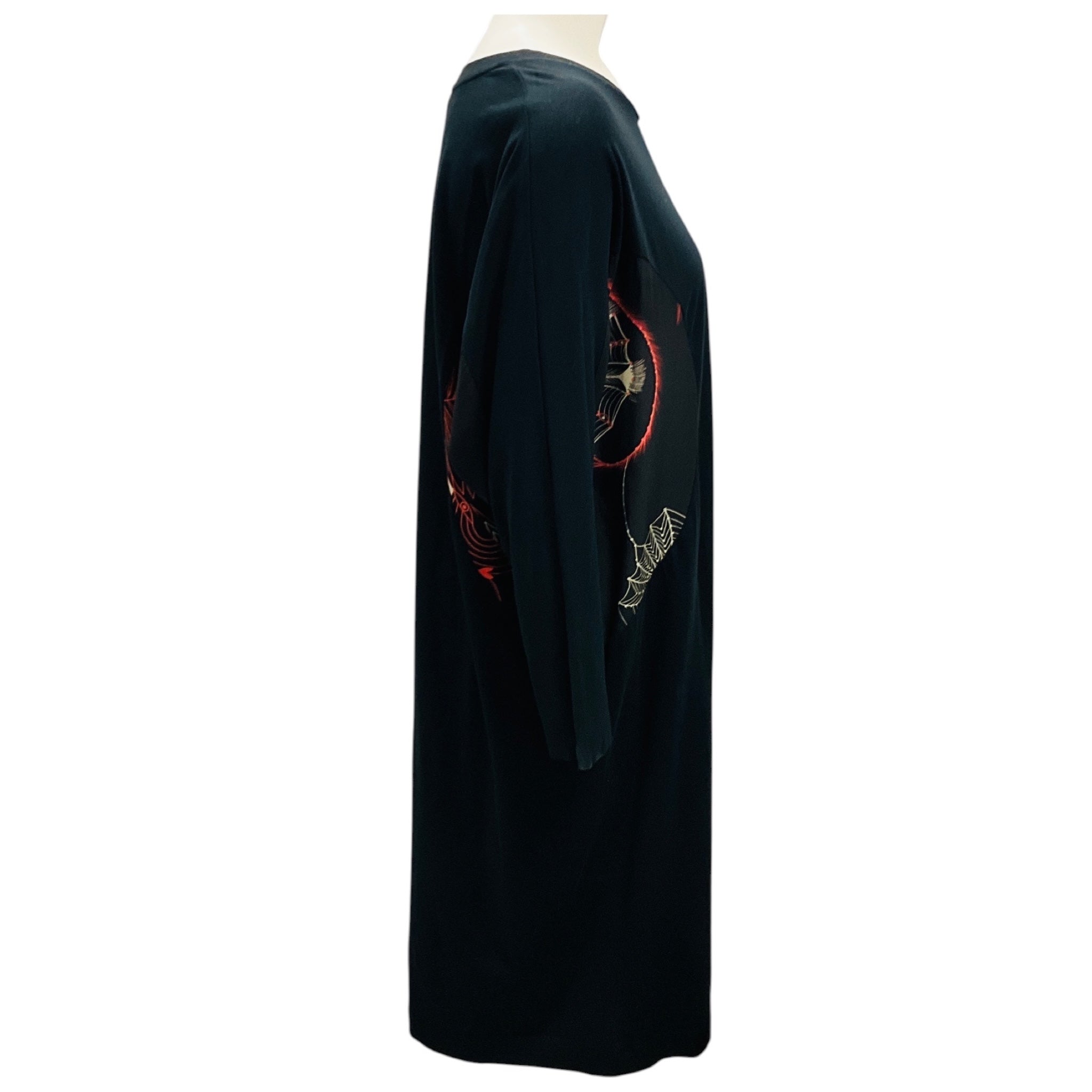 Dries Van Noten Black Three Quarter Sleeved Jersey Midi Dress with Printed Trim
