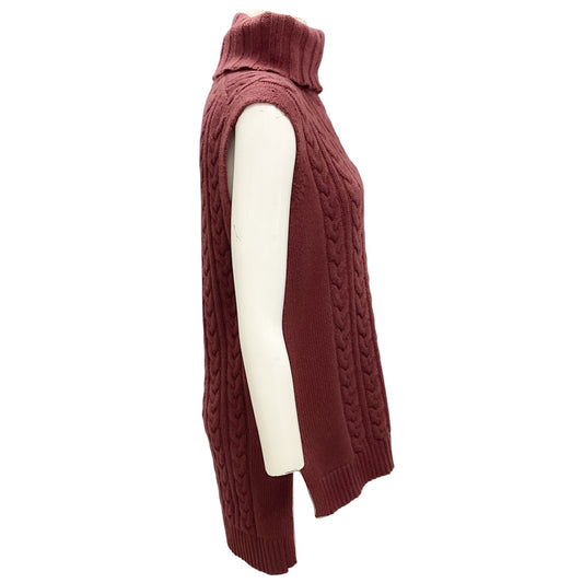 Lafayette 148 New York Burgundy Turtleneck Sleeveless Cable Knit Cashmere Sweater