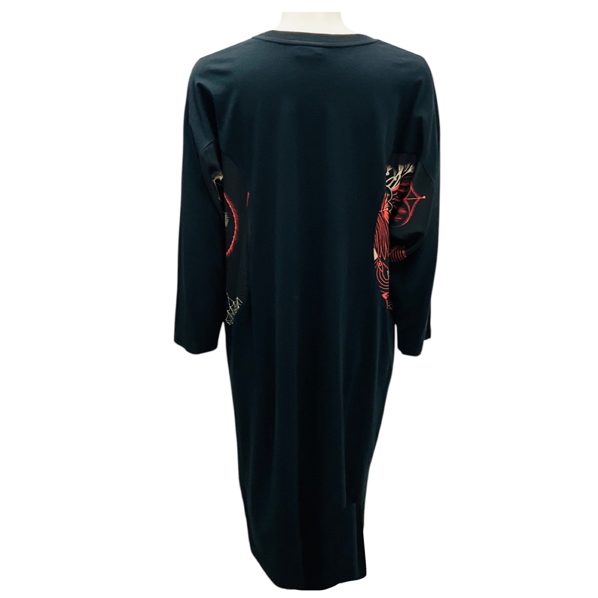 Dries Van Noten Black Three Quarter Sleeved Jersey Midi Dress with Printed Trim