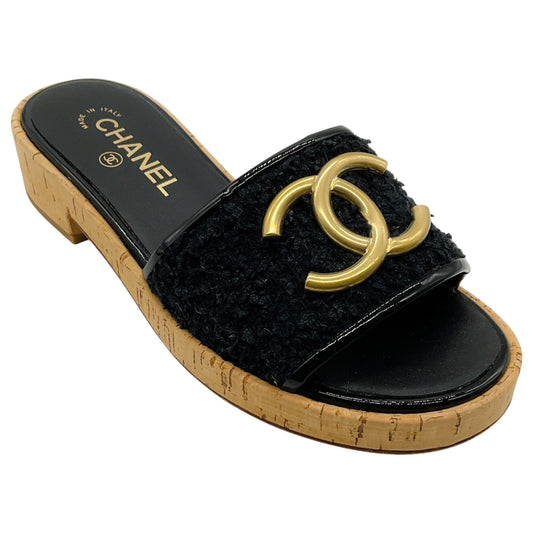 Chanel Black Boucle Cork Slide Sandals with Gold CC Logo
