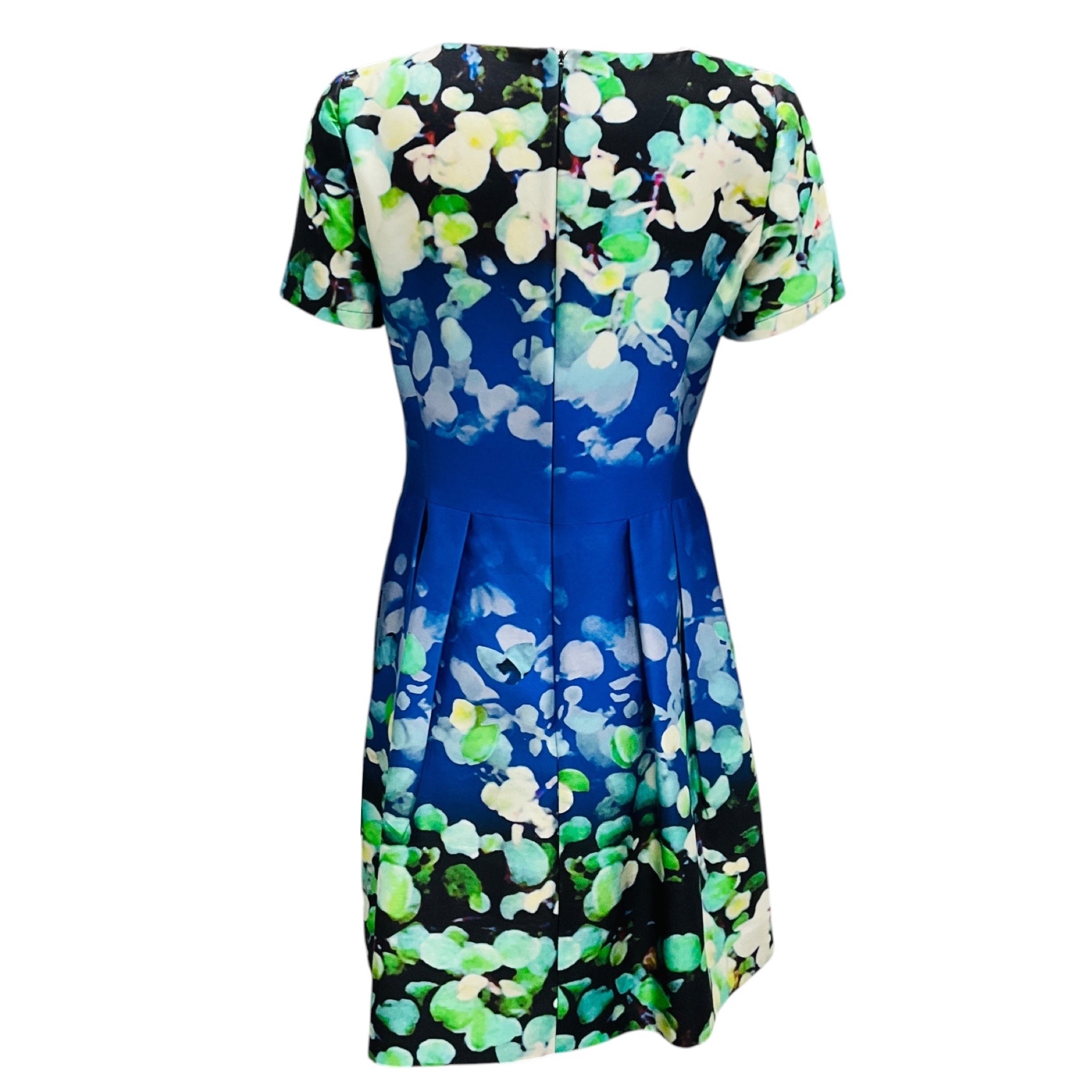 Oscar de la Renta Blue / Green Multi Printed Short Sleeved Cocktail Dress