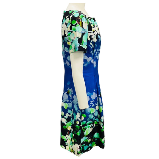 Oscar de la Renta Blue / Green Multi Printed Short Sleeved Cocktail Dress