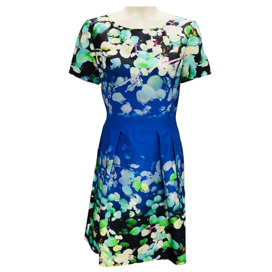 Oscar de la Renta Blue / Green Multi Printed Short Sleeved Cocktail Dress