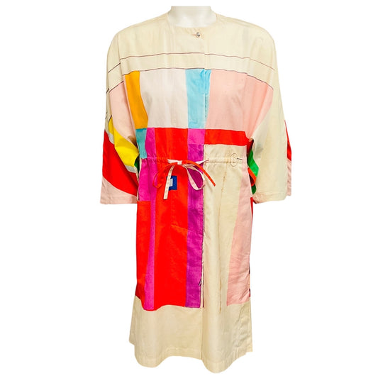 Akris Ivory Multi Colorblock Print Tie Waist Cotton Dress