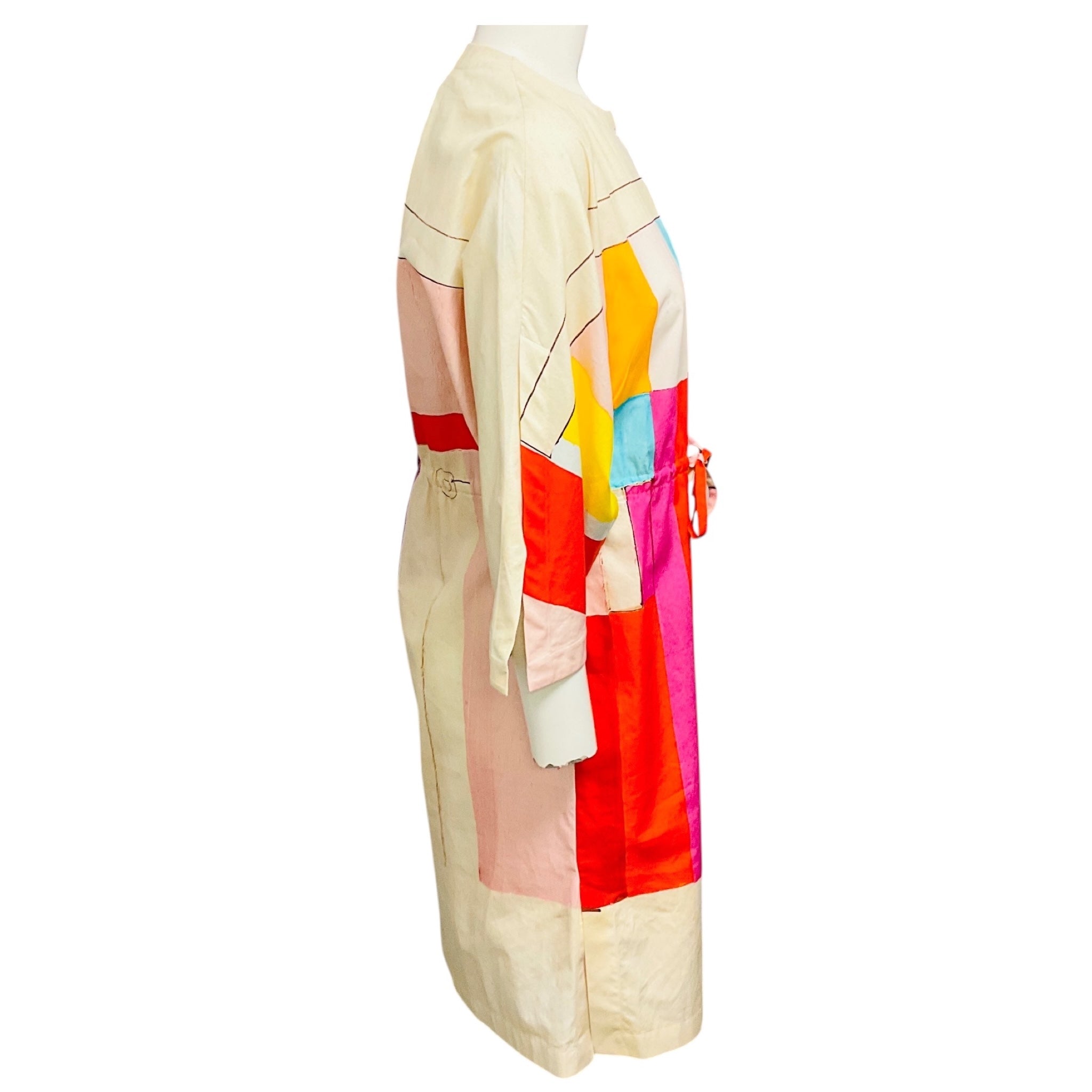 Akris Ivory Multi Colorblock Print Tie Waist Cotton Dress