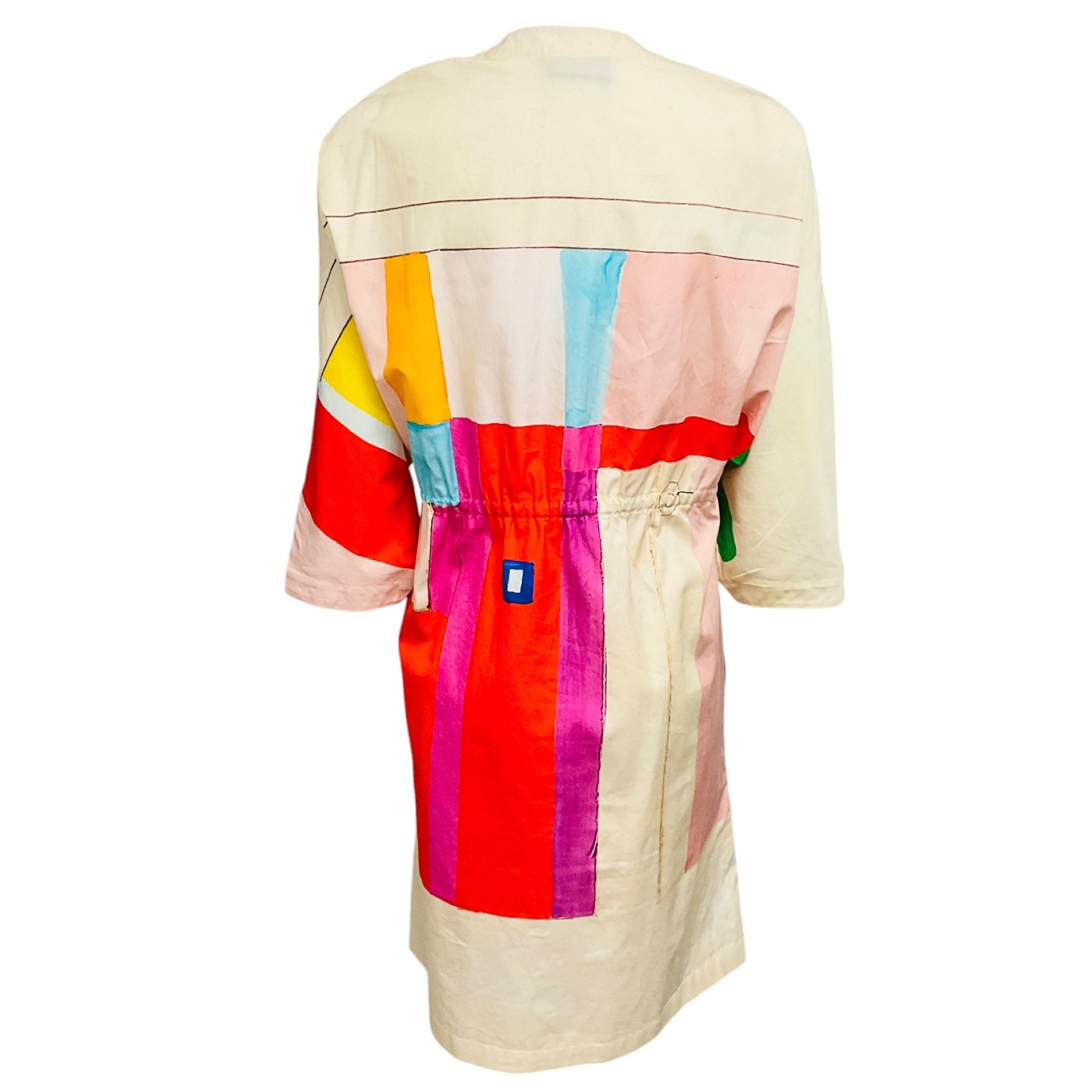 Akris Ivory Multi Colorblock Print Tie Waist Cotton Dress