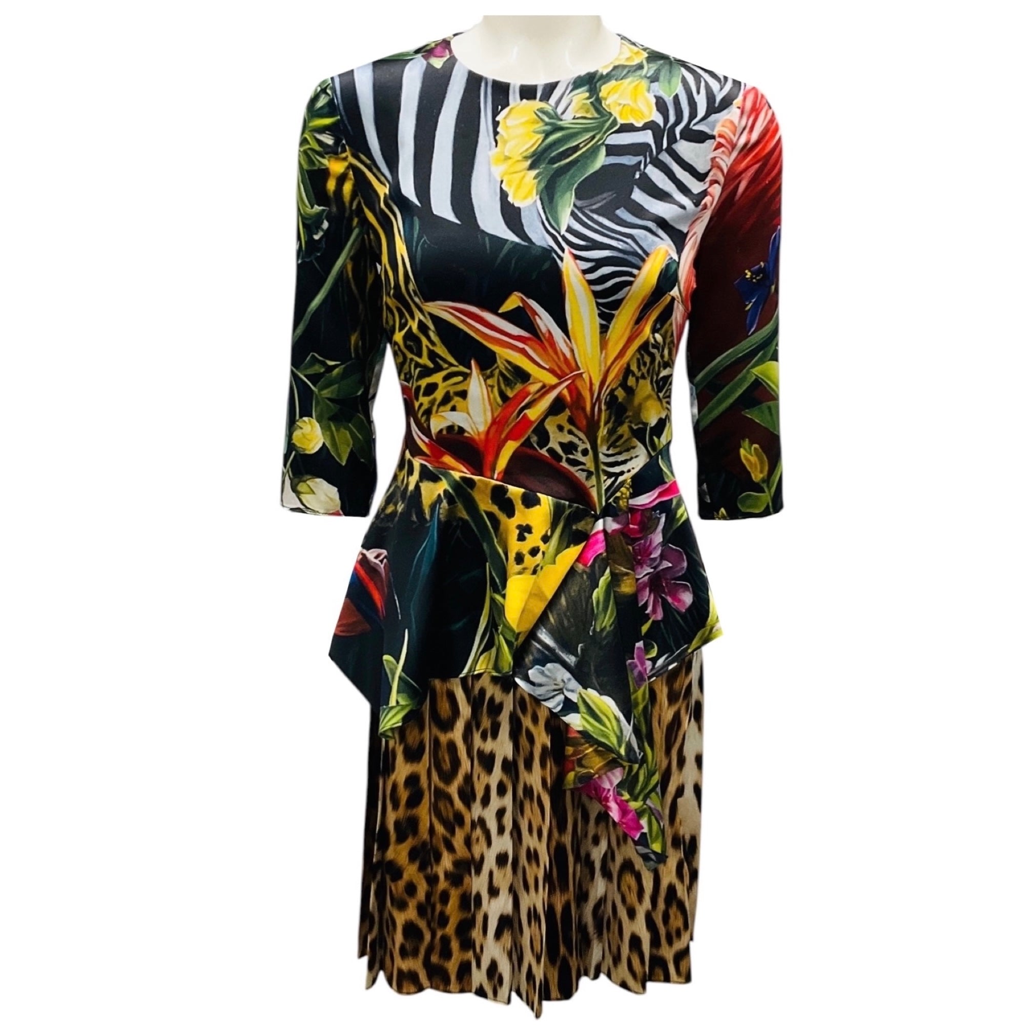 Roberto Cavalli Multicolor Paradise Found Print Peplum Satin Dress