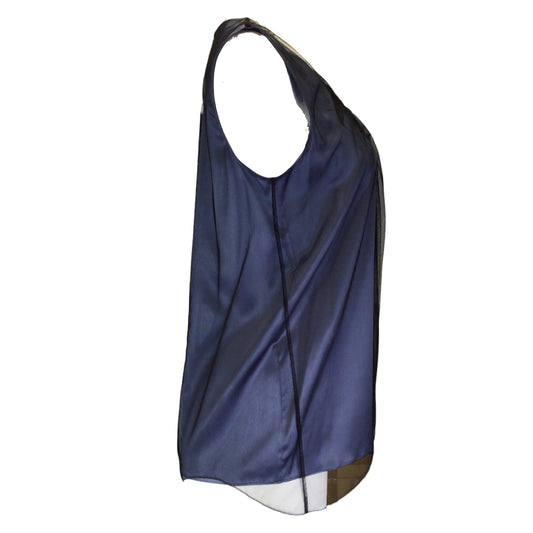 Brunello Cucinelli Blue / Black Mesh Overlay Monili Beaded Detail Sleeveless Silk Blouse