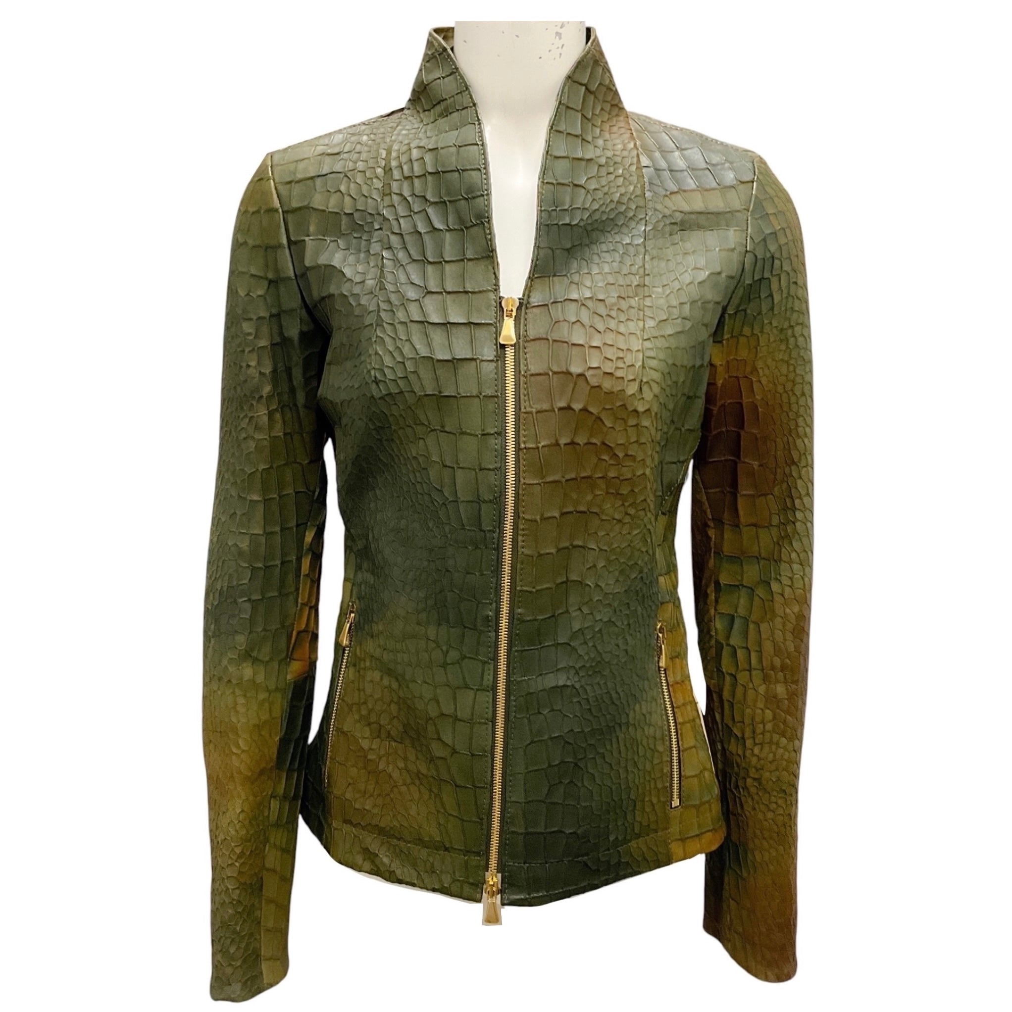 Escada Green Embossed Full Zip Lamb Leather Jacket