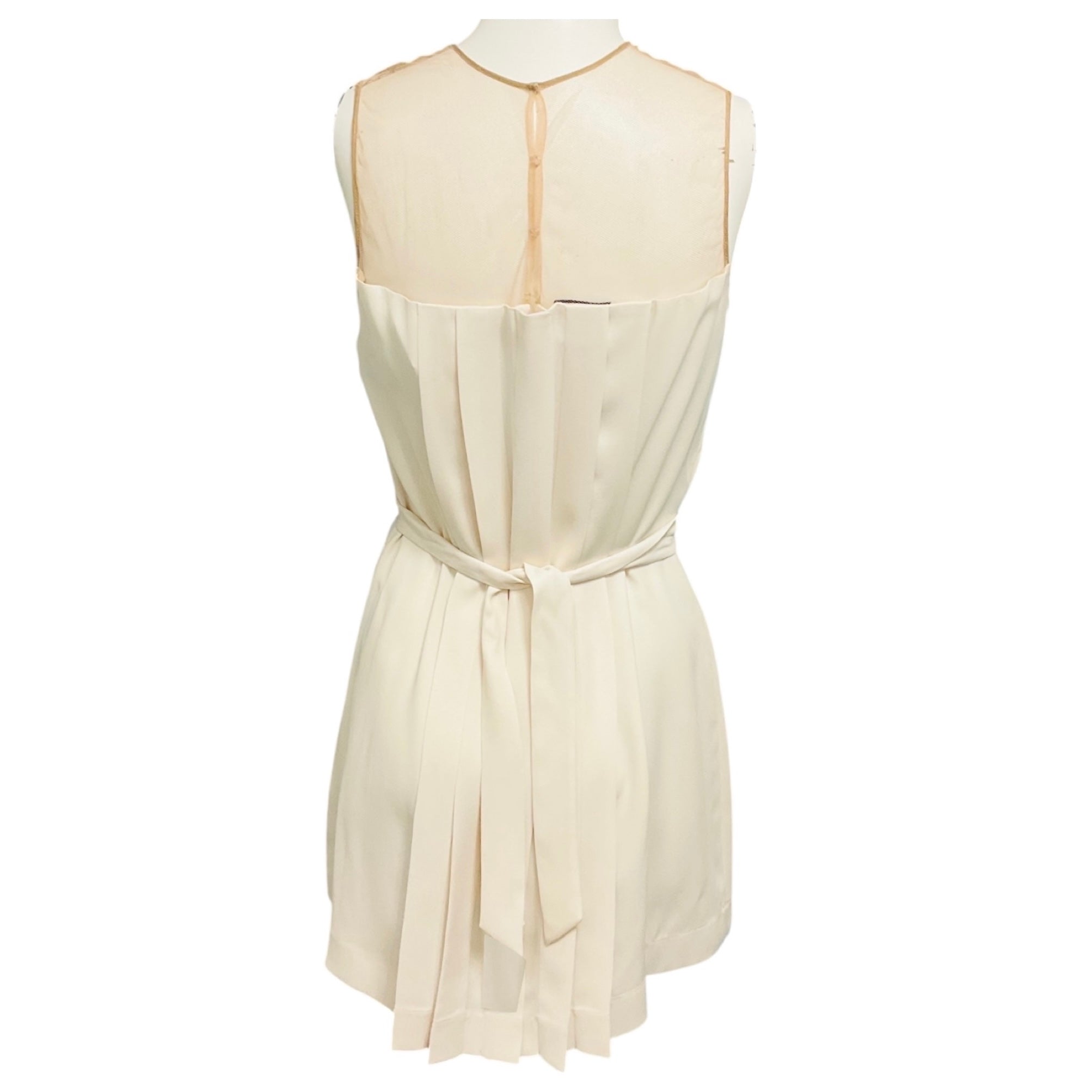 Akris Ivory / Beige Mesh Tulle Trimmed Pleated Sleeveless Silk Blouse
