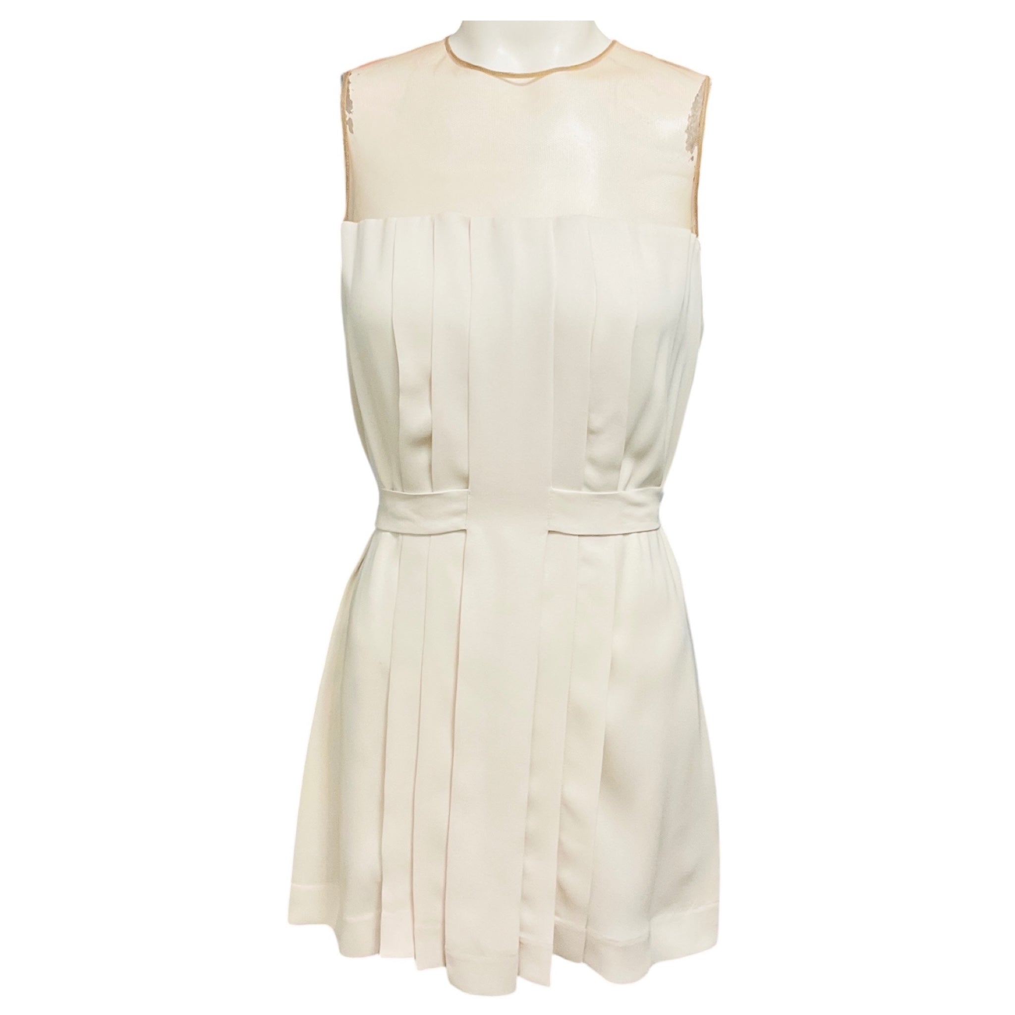 Akris Ivory / Beige Mesh Tulle Trimmed Pleated Sleeveless Silk Blouse