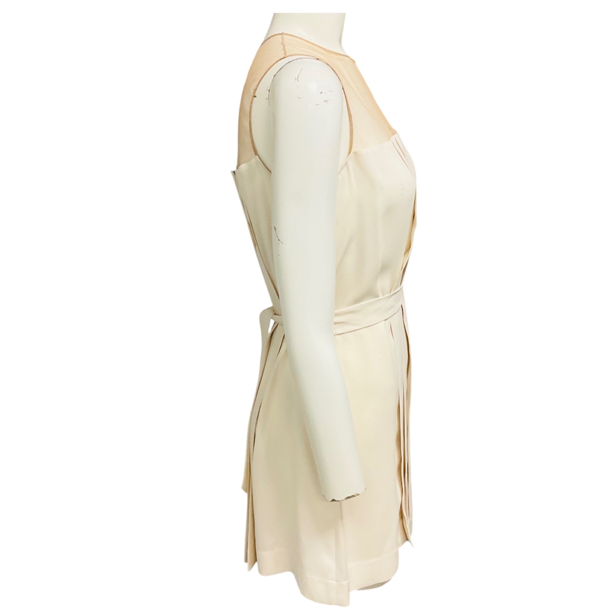 Akris Ivory / Beige Mesh Tulle Trimmed Pleated Sleeveless Silk Blouse