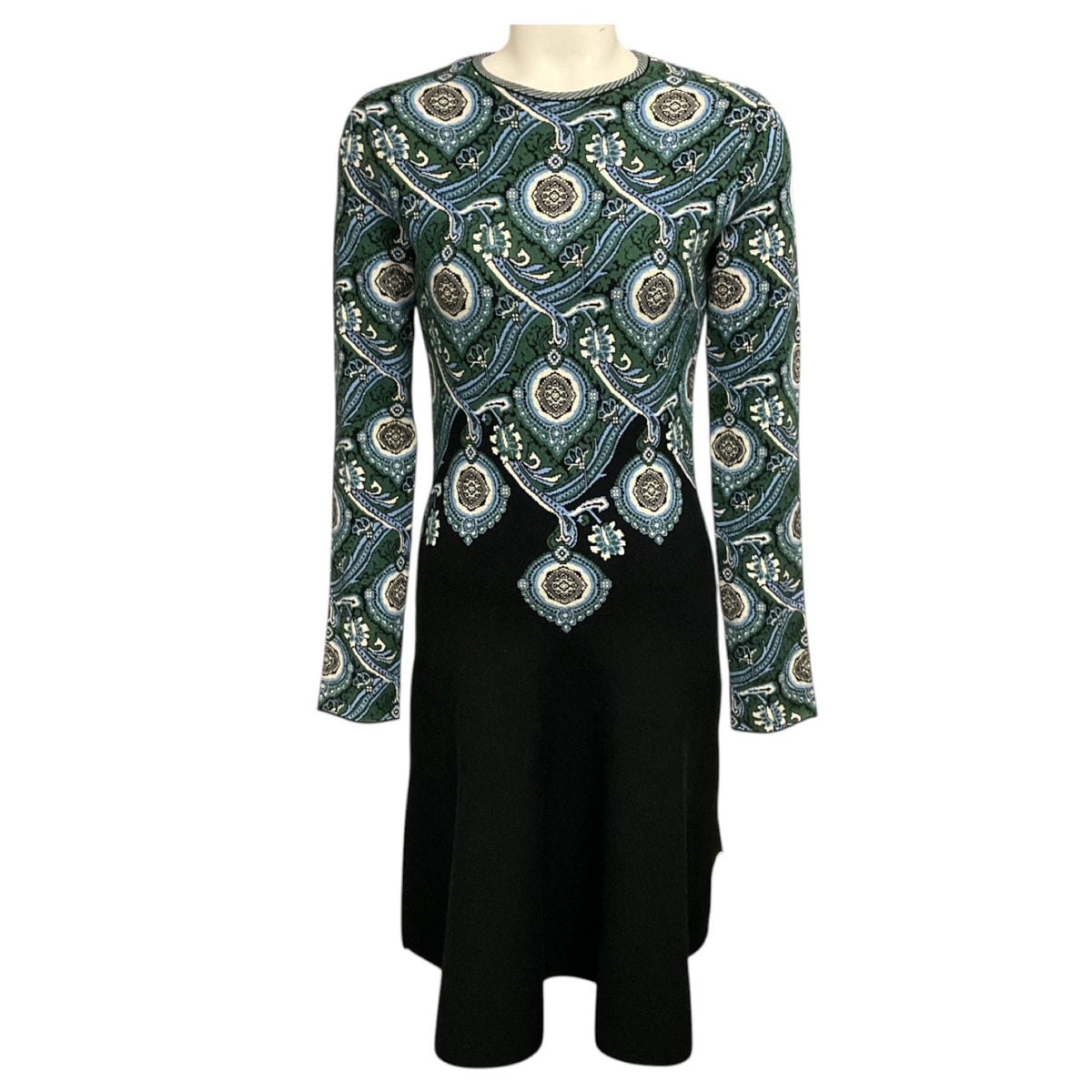 Etro Black / Blue / Green Multi Paisley Patterned Long Sleeved Knit Midi Dress