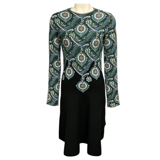 Etro Black / Blue / Green Multi Paisley Patterned Long Sleeved Knit Midi Dress