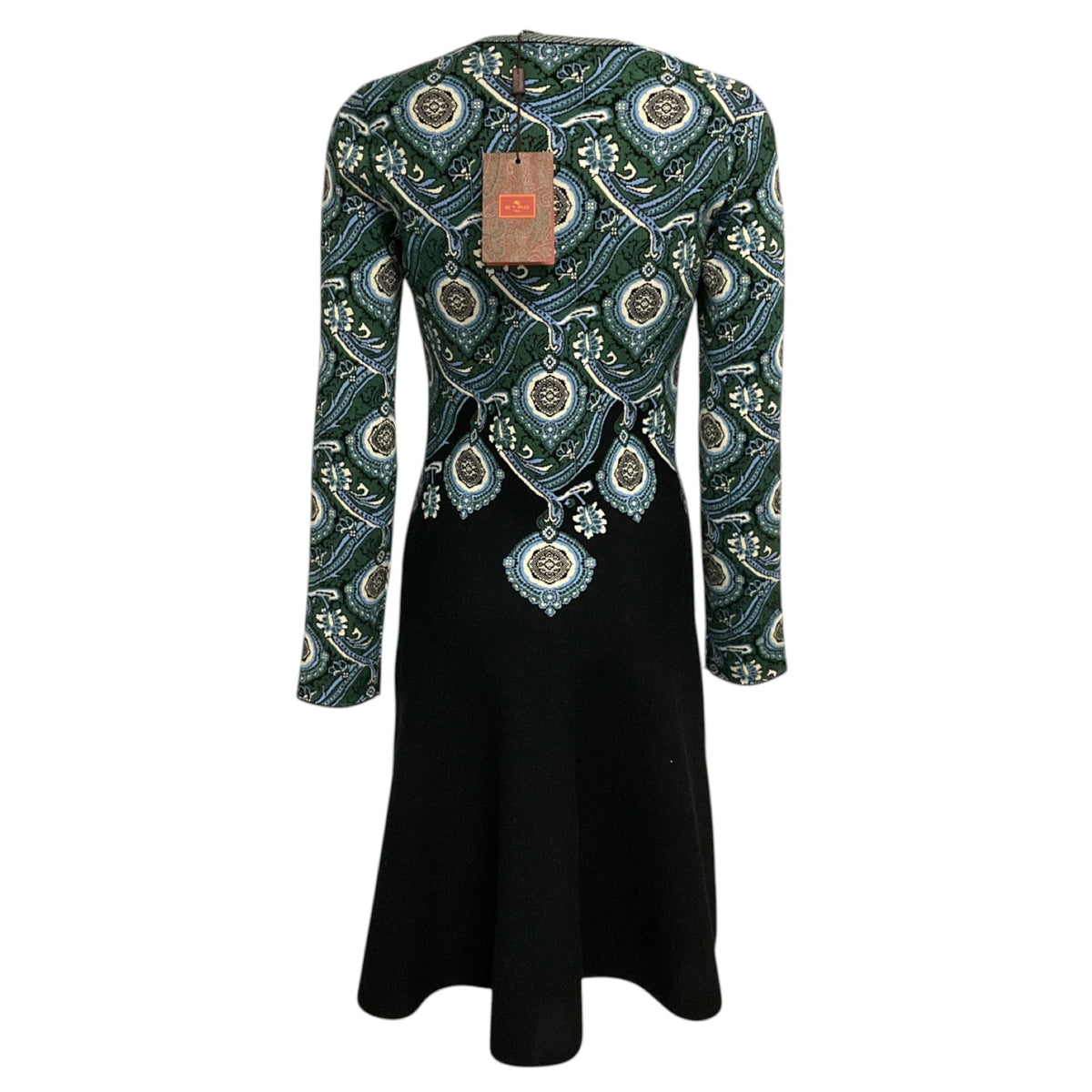 Etro Black / Blue / Green Multi Paisley Patterned Long Sleeved Knit Midi Dress
