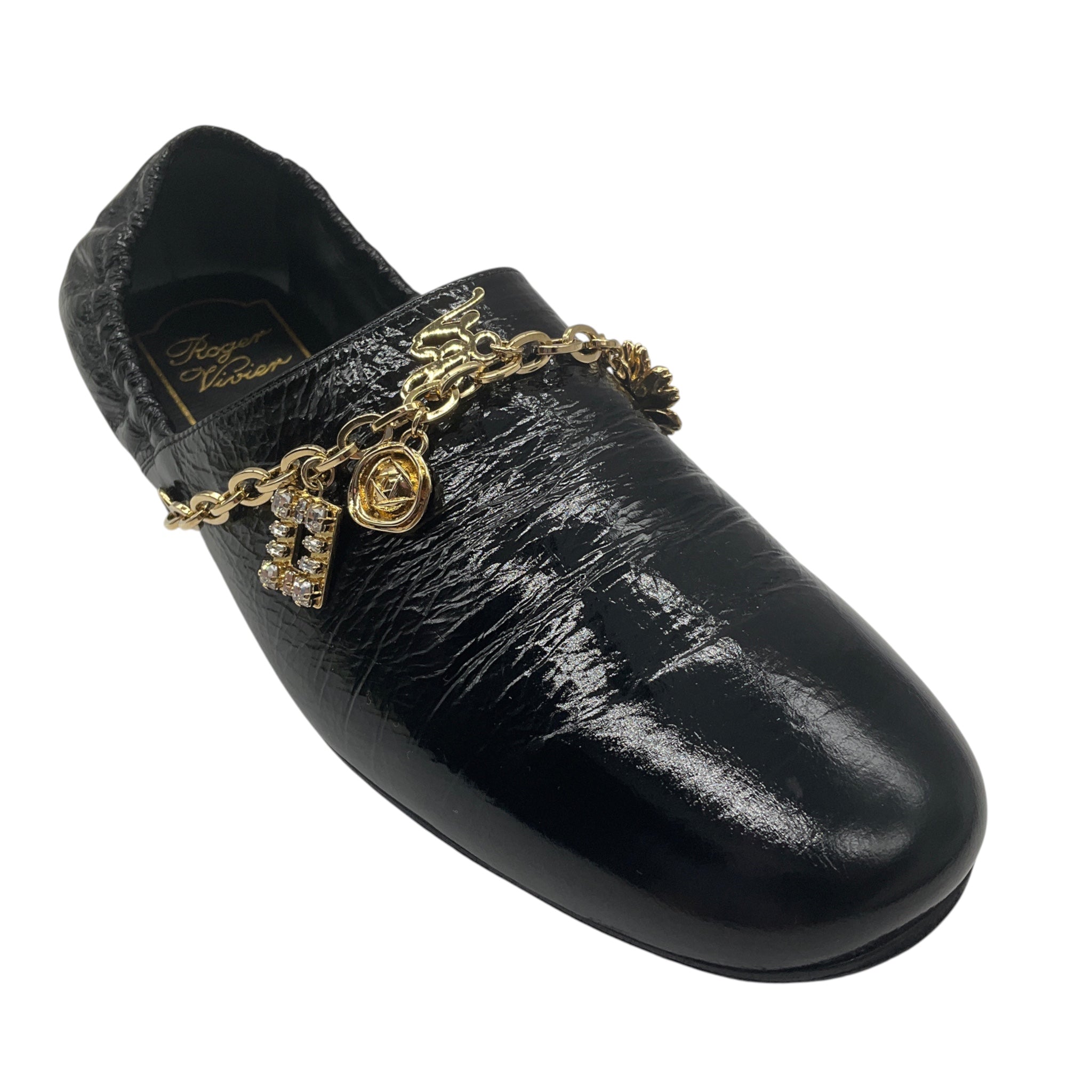 Roger Vivier Black Crinkled Patent Leather Flats with Gold Charm Embellished Chain